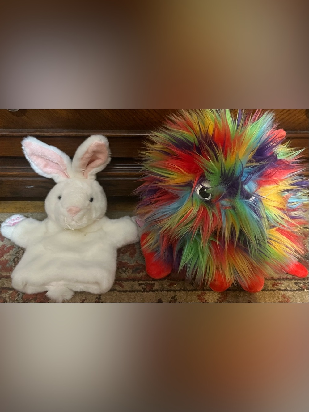 The Puppet Company Baby Monster Rainbow & White Rabbit Hand Puppets Bundle Of 2